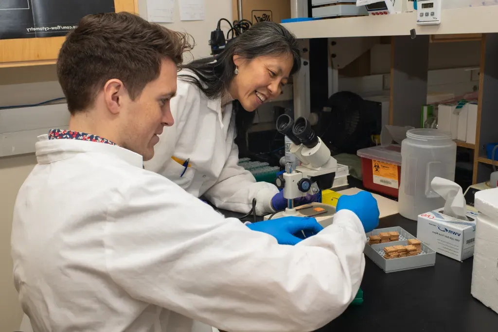 A professor works with a student to set up a microscope